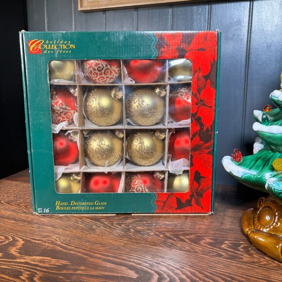 Vintage Glass Christmas Ornaments Red Gold Balls and Striped Pine Cones - Picture 2 of 12